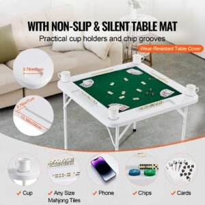 mahjong table, 4 player folding domino table with wear resistant green tabletop, portable square card table with 4 cup holders & 4 chip trays for mahjong poker puzzles, 35.4 x 35.4 inch