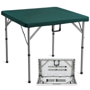 Mahjong Table, Fold-in-Half 4 Player Card Table with Wear-Resistant Green Tabletop, Portable Bi-Folding Square Domino Table with Carrying Handle for Outdoor Camping Picnic Party, 34 x 34-inch