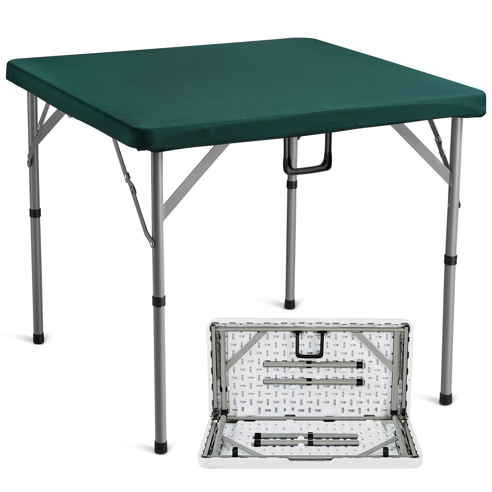 mahjong table, fold in half 4 player card table with wear resistant green tabletop, portable bi folding square domino table with carrying handle for outdoor camping picnic party, 34 x 34 inch