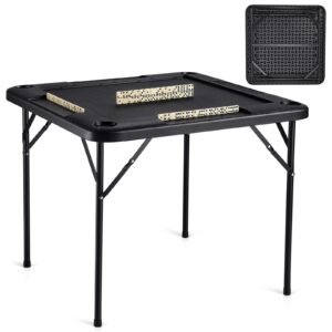 mahjong table, square 4 player folding card table with 4 cup holders & 4 chip trays, portable domino game table with 1 set of dominoes for mahjong poke puzzles, 35.4 x 35.4 inch, black