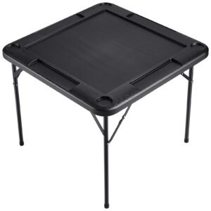 mahjong table, square 4 player folding card table with 4 cup holders & 4 chip trays, portable domino game table with 1 set of dominoes for mahjong poke puzzles, 35.4 x 35.4 inch, black