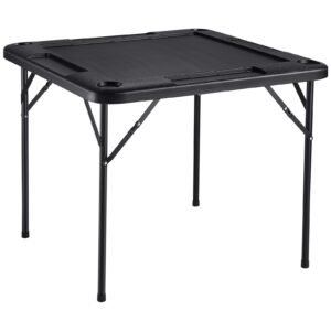 mahjong table, square 4 player folding card table with 4 cup holders & 4 chip trays, portable domino game table with 1 set of dominoes for mahjong poke puzzles, 35.4 x 35.4 inch, black