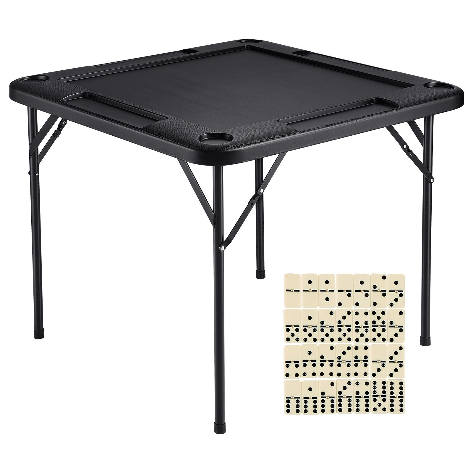 mahjong table, square 4 player folding card table with 4 cup holders & 4 chip trays, portable domino game table with 1 set of dominoes for mahjong poke puzzles, 35.4 x 35.4 inch, black