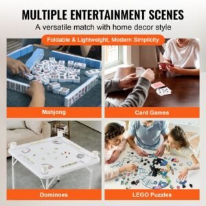 mahjong table, square 4 player folding card table with 4 cup holders & 4 chip trays, portable domino game table with 1 set of dominoes for mahjong poker puzzles, 35.4 x 35.4 inch, white