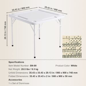 mahjong table, square 4 player folding card table with 4 cup holders & 4 chip trays, portable domino game table with 1 set of dominoes for mahjong poker puzzles, 35.4 x 35.4 inch, white