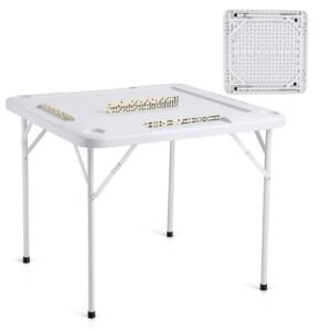 mahjong table, square 4 player folding card table with 4 cup holders & 4 chip trays, portable domino game table with 1 set of dominoes for mahjong poker puzzles, 35.4 x 35.4 inch, white