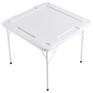 mahjong table, square 4 player folding card table with 4 cup holders & 4 chip trays, portable domino game table with 1 set of dominoes for mahjong poker puzzles, 35.4 x 35.4 inch, white