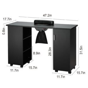 manicure table, nail table station with electric dust collector, moveable nail tech desk with 8 wheels (4 lockable), 3 dust bag & wrist rest, mdf nail art workstation for spa beauty salon, black