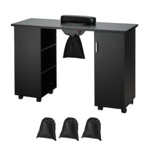 manicure table, nail table station with electric dust collector, moveable nail tech desk with 8 wheels (4 lockable), 3 dust bag & wrist rest, mdf nail art workstation for spa beauty salon, black