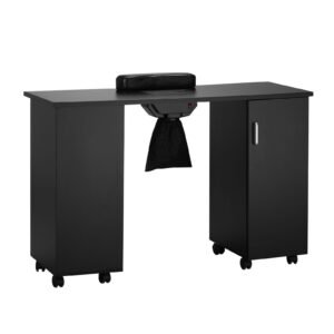 manicure table, nail table station with electric dust collector, moveable nail tech desk with 8 wheels (4 lockable), 3 dust bag & wrist rest, mdf nail art workstation for spa beauty salon, black