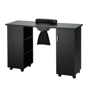 manicure table, nail table station with electric dust collector, moveable nail tech desk with 8 wheels (4 lockable), 3 dust bag & wrist rest, mdf nail art workstation for spa beauty salon, black