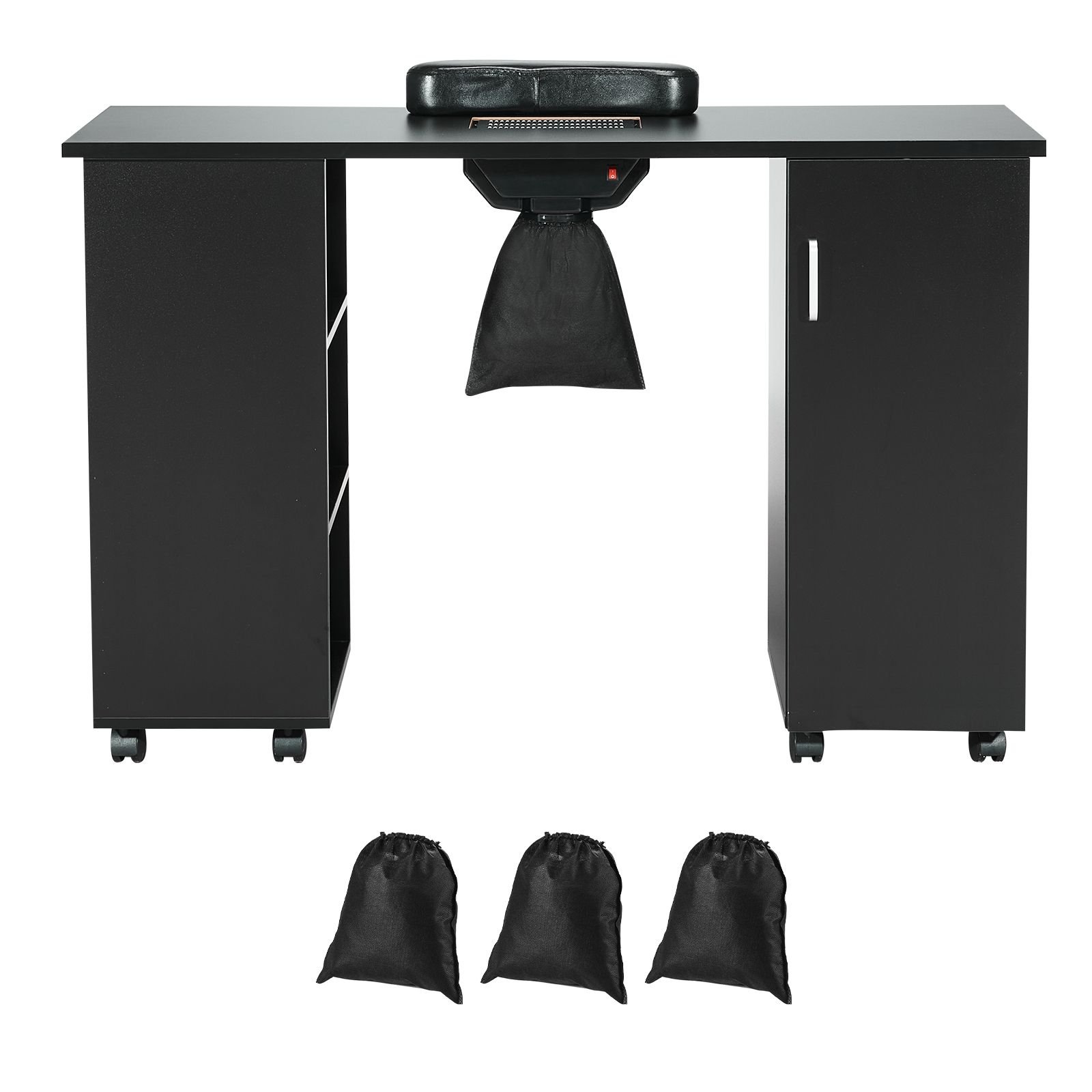 manicure table, nail table station with electric dust collector, moveable nail tech desk with 8 wheels (4 lockable), 3 dust bag & wrist rest, mdf nail art workstation for spa beauty salon, black