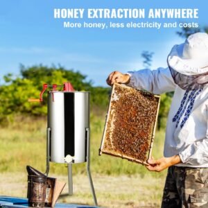 manual honey extractor, 3 frames honey spinner extractor, stainless steel beekeeping extraction, honeycomb drum spinner with lid, apiary centrifuge equipment with height adjustable stand