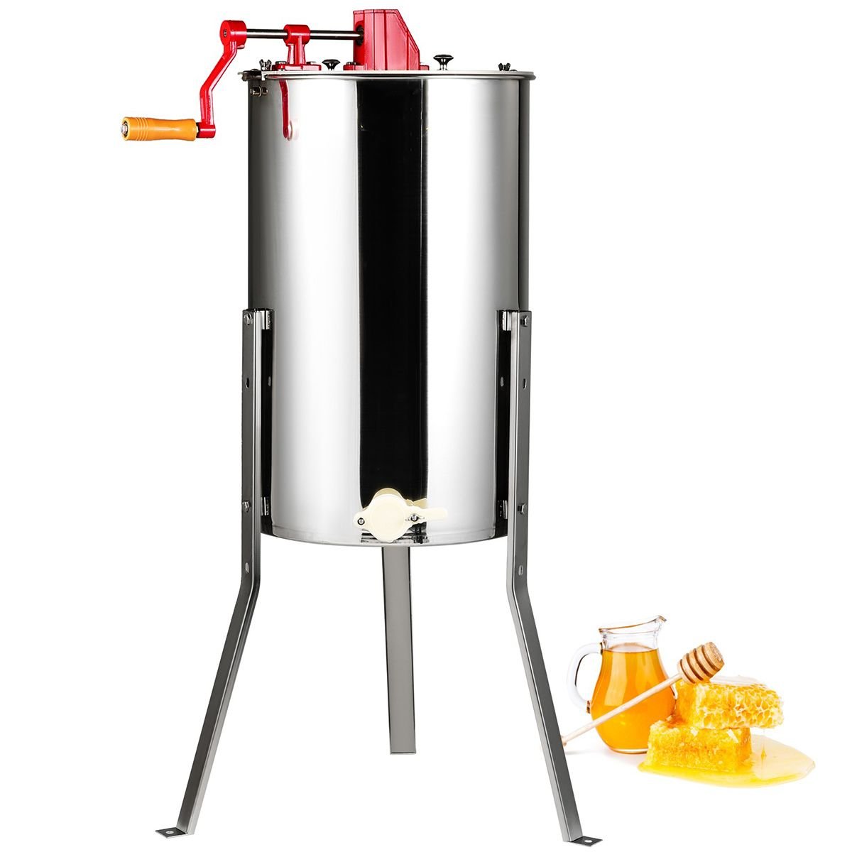 manual honey extractor, 3 frames honey spinner extractor, stainless steel beekeeping extraction, honeycomb drum spinner with lid, apiary centrifuge equipment with height adjustable stand