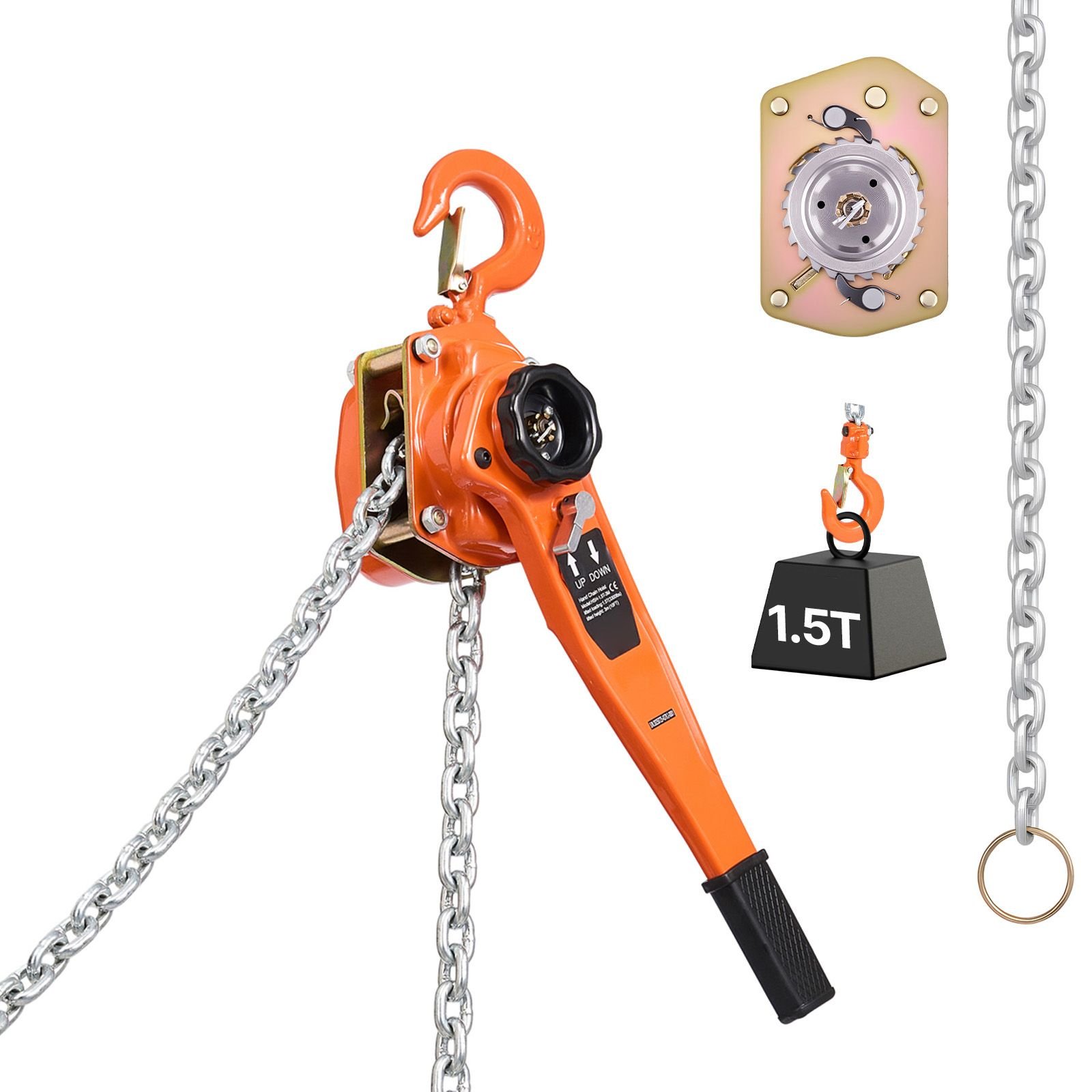 manual lever chain hoist, 1 1/2t 3300lbs capacity heavy duty come along, 10ft lift g80 alloy steel chain with dual pawl mechanical brake,360°rotating hooks, for warehouse construction garage
