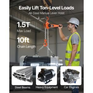 manual lever chain hoist, 1 1/2t 3300lbs capacity heavy duty come along, 10ft lift g80 alloy steel chain with dual pawl mechanical brake,360°rotating hooks, for warehouse construction garage