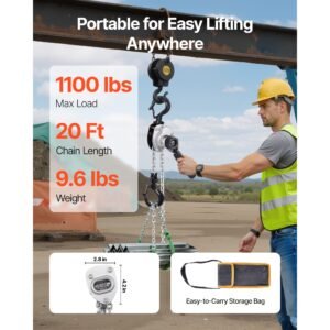 manual lever chain hoist, 1/2t 1100lbs capacity heavy duty come along, 20ft lift g80 alloy steel chain with dual pawl mechanical brake,360°rotating hooks, for warehouse construction garage