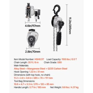 manual lever chain hoist, 1/2t 1100lbs capacity heavy duty come along, 20ft lift g80 alloy steel chain with dual pawl mechanical brake,360°rotating hooks, for warehouse construction garage