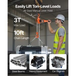 manual lever chain hoist, 3t 6600lbs capacity heavy duty come along, 10ft lift g80 alloy steel chain with dual pawl mechanical brake,360°rotating hooks, for warehouse construction garage