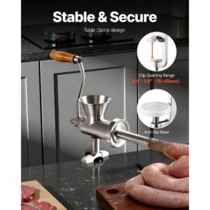 manual meat grinder, 304 stainless steel hand crank meat mincer with steel table clamp, sausage stuffer with 2 cutting plates & 4 sausage tubes, food grinder for beef chili pork kitchen tabletop