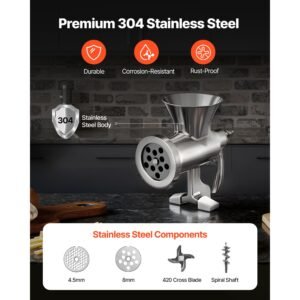 manual meat grinder, 304 stainless steel hand crank meat mincer with steel table clamp, sausage stuffer with 2 cutting plates & 4 sausage tubes, food grinder for beef chili pork kitchen tabletop