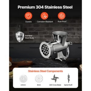 manual meat grinder, 304 stainless steel hand crank meat mincer with steel table clamp, sausage stuffer with 2 cutting plates & sausage tube, food grinder for beef chili pork kitchen tabletop