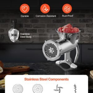 manual meat grinder, 304 stainless steel hand meat grinder with steel table clamp, meat mincer sausage maker & 2 cutting plates, cookie attachment, sausage tube for beef pepper mushroom cookie