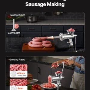 manual meat grinder, 304 stainless steel hand meat grinder with steel table clamp, meat mincer sausage maker & 2 cutting plates, cookie attachment, sausage tube for beef pepper mushroom cookie