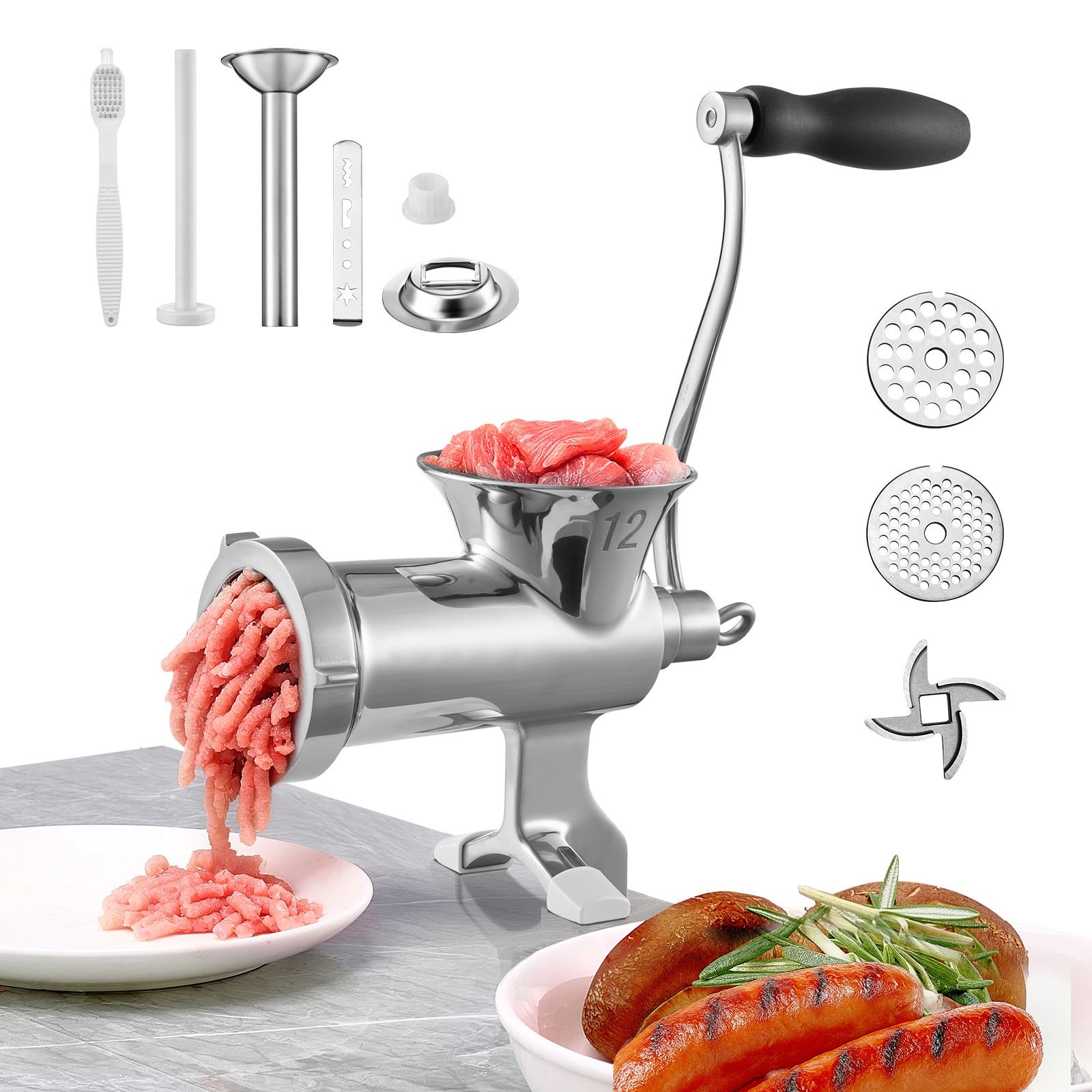 manual meat grinder, 304 stainless steel hand meat grinder with steel table clamp, meat mincer sausage maker & 2 cutting plates, cookie attachment, sausage tube for beef pepper mushroom cookie