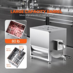 manual meat mixer, 40l fixed tank meat processing equipment(mixing max 80lbs for meat), stainless steel meat mixer, sausage mixer machine with lid handle gear reducer, ground beef hand mixer