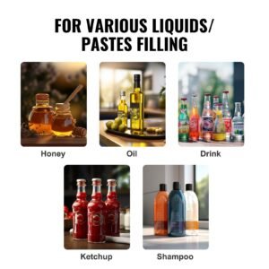 manual paste liquid filling machine, 5 100ml bottle filler, adjustable bottle filling machine, stainless steel liquid filler with hopper for milk water juice essential oil shampoo cosmetic honey