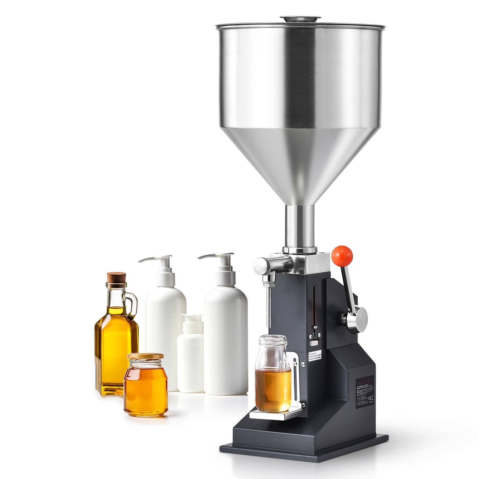 manual paste liquid filling machine, 5 50ml bottle filler, adjustable bottle filling machine, stainless steel liquid filler with hopper for milk water juice essential oil shampoo cosmetic honey