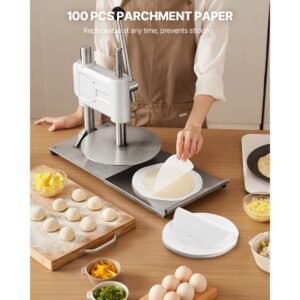 manual pizza dough press machine, 9.5 inch pizza pastry press plate, stainless steel bread presser, commercial chapati sheet crust maker, forming machine with handle and 100 pcs parchment paper