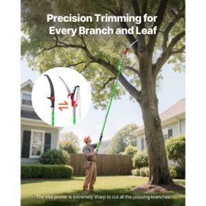 manual pole saw, 3.87 27 ft extendable pole tree pruner with scissors, sharp 65mn steel blade, lightweight fiberglass handle pole, for high branch trimming, pruning tool for palms and shrubs
