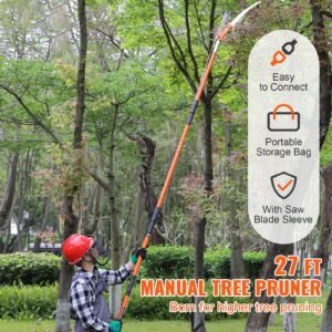 manual pole saw, 7.3 27 ft extendable tree pruner, sharp steel blade and scissors high branches trimming, branch trimmer with lightweight 8 fiberglass handles, for pruning palms and shrubs