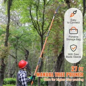 manual pole saw, 7.3 27 ft extendable tree pruner, sharp steel blade high branches trimming, manual branch trimmer with lightweight 8 fiberglass handles, for pruning palms and shrubs