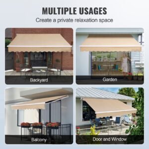 manual retractable awning, 10 x 8 ft outdoor patio awning retractable sun shade, water resistant polyester patio door window awning sunshade shelter with crank handle for backyard, balcony