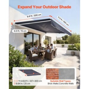 manual retractable awning, 11.5' x 9.8' outdoor patio awning retractable sun shade, patio door window water resistant polyester sunshade shelter with crank handle for deck, balcony, yard, gray