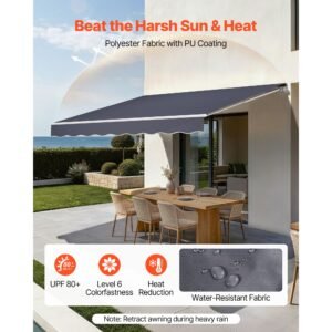 manual retractable awning, 11.5' x 9.8' outdoor patio awning retractable sun shade, patio door window water resistant polyester sunshade shelter with crank handle for deck, balcony, yard, gray