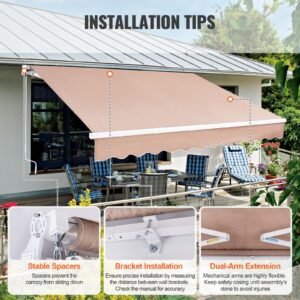 manual retractable awning, 13 x 8 ft outdoor patio awning retractable sun shade, water resistant polyester patio door window awning sunshade shelter with crank handle for backyard, balcony