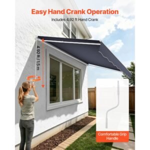 manual retractable awning, 13.1' x 9.8' outdoor patio awning retractable sun shade, patio door window water resistant polyester sunshade shelter with crank handle for deck, balcony, yard, gray