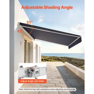 manual retractable awning, 13.1' x 9.8' outdoor patio awning retractable sun shade, patio door window water resistant polyester sunshade shelter with crank handle for deck, balcony, yard, gray