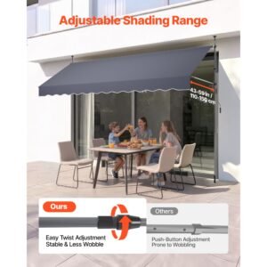 manual retractable awning, 138" outdoor retractable patio awning sunshade shelter, height adjustable patio door window canopy with manual crank handle for backyard, garden, balcony, dark gray