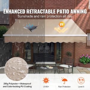 manual retractable awning, 8 x 7 ft outdoor patio awning retractable sun shade, water resistant polyester patio door window awning sunshade shelter with crank handle for backyard, balcony