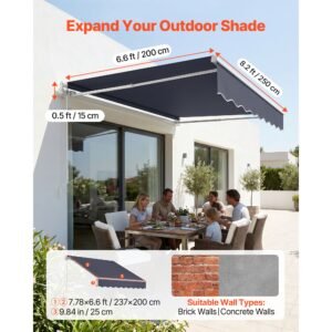 manual retractable awning, 8.2' x 6.6' outdoor patio awning retractable sun shade, patio door window water resistant polyester sunshade shelter with crank handle for deck, balcony, yard, gray