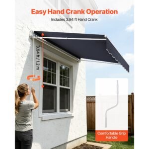 manual retractable awning, 8.2' x 6.6' outdoor patio awning retractable sun shade, patio door window water resistant polyester sunshade shelter with crank handle for deck, balcony, yard, gray
