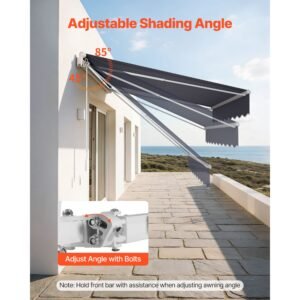 manual retractable awning, 8.2' x 6.6' outdoor patio awning retractable sun shade, patio door window water resistant polyester sunshade shelter with crank handle for deck, balcony, yard, gray