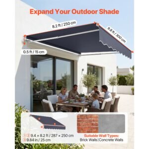 manual retractable awning, 9.8' x 8.2' outdoor patio awning retractable sun shade, patio door window water resistant polyester sunshade shelter with crank handle for deck, balcony, yard, gray