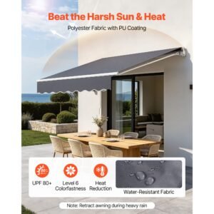 manual retractable awning, 9.8' x 8.2' outdoor patio awning retractable sun shade, patio door window water resistant polyester sunshade shelter with crank handle for deck, balcony, yard, gray