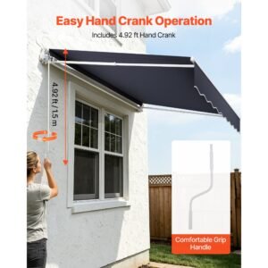 manual retractable awning, 9.8' x 8.2' outdoor patio awning retractable sun shade, patio door window water resistant polyester sunshade shelter with crank handle for deck, balcony, yard, gray